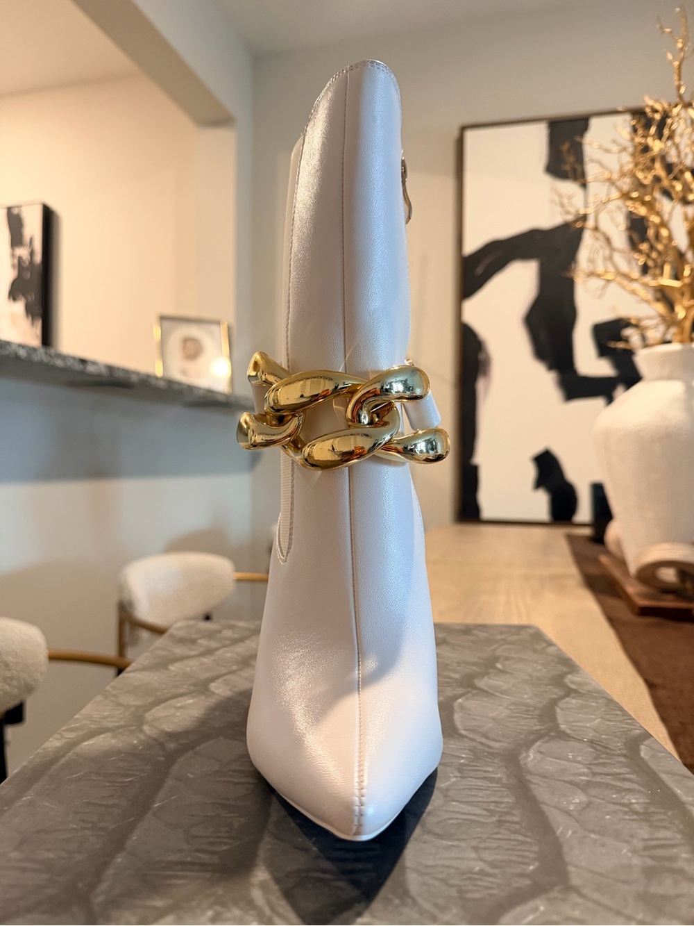 White Heeled Ankle Boot with Gold Chain Accent
